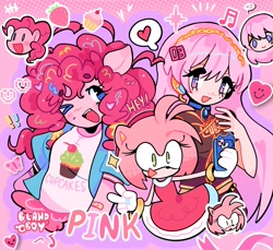 Size: 2048x1874 | Tagged: safe, artist:bland__boy, pinkie pie, earth pony, hedgehog, human, anthro, g4, amy rose, anime, clothes, crossover, dress, female, mare, megurine luka, pink background, pink hair, selfie, simple background, sonic the hedgehog (series), taking a photo, vocaloid