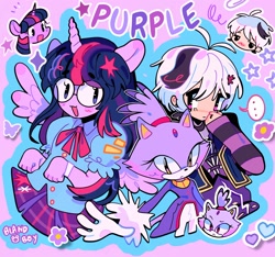Size: 2048x1919 | Tagged: safe, artist:bland__boy, twilight sparkle, cat, human, unicorn, anthro, g4, anime, blaze the cat, clothes, crossover, female, flower (vocaloid), glasses, mare, purple background, simple background, sonic the hedgehog (series), vocaloid