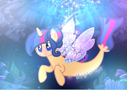 Size: 735x523 | Tagged: safe, artist:hugsartist, oc, oc only, oc:dream sentry, alicorn, seapony (g4), base used, bioluminescent, bubble, clothes, coral, crepuscular rays, dorsal fin, female, fin wings, fins, fish tail, glowing, horn, mare, ocean, offspring, parent:flash sentry, parent:twilight sparkle, parents:flashlight, scales, seaponified, seaquestria, seaweed, see-through, signature, smiling, solo, species swap, tail, underwater, water, wings