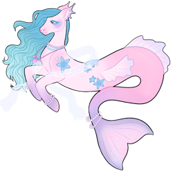 Size: 1280x1271 | Tagged: safe, artist:s0ftserve, oc, oc only, merpony, seapony (g4), starfish, blue mane, clothes, colored pupils, dorsal fin, female, fins, fish tail, flowing mane, jewelry, mare, necklace, pearl necklace, seashell necklace, see-through, simple background, smiling, solo, tail, transparent background