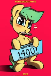 Size: 1365x2048 | Tagged: safe, artist:perezadotarts, oc, oc only, oc:pen sketchy, earth pony, pony, blushing, colored, cute, digital art, drawing, earth pony oc, holding, looking at you, male, milestone, mouth hold, red background, sharpie, sign, simple background, sitting, smiling, smiling at you, solo, text