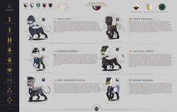 Size: 4880x3110 | Tagged: safe, artist:callsign-echo, oc, oc only, griffon, pony, equestria at war mod, aquileia, blue eyes, clothes, coat, female, folded wings, french, griffon oc, hat, helmet, infographic, male, mare, military uniform, pony oc, reference sheet, text, uniform, wings, yellow eyes