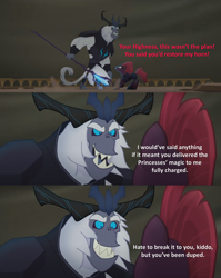 Size: 2000x2516 | Tagged: safe, edit, edited screencap, screencap, storm king, tempest shadow, pony, unicorn, yeti, g4, my little pony: the movie, spoiler:amphibia, amphibia, antagonist, armor, balcony, broken horn, caption, claws, comic, crown, evil smile, fangs, female, grin, high res, horn, horns, jewelry, king andrias leviathan, marcy wu, mare, raised eyebrow, raised leg, reference, regalia, screencap comic, smiling, spoilers for another series, staff, staff of sacanas, storm king's emblem, tail, text, wind
