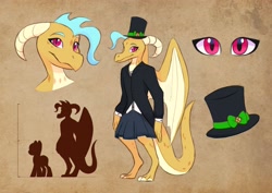 Size: 4096x2896 | Tagged: safe, artist:haruh_ink, oc, oc only, oc:tourmaline the dragoness, dragon, dragon oc, dragoness, elegant, female, hat, reference sheet, simple background, size chart, size comparison, top hat