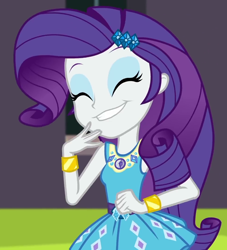 Size: 980x1080 | Tagged: safe, screencap, rarity, human, equestria girls, g4, my little pony equestria girls: better together, text support, text support: rarity, ^^, belt, bracelet, clothes, cropped, cute, cutie mark on clothes, eyes closed, eyeshadow, female, frilly design, geode of shielding, giggling, gold, hairpin, jewelry, magical geodes, makeup, necklace, pendant, rarity peplum dress, sleeveless, smiling, solo, tank top