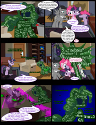 Size: 1042x1358 | Tagged: safe, artist:dendoctor, doctor whooves, mean twilight sparkle, pinkie pie, time turner, alicorn, earth pony, pegasus, pony, comic:clone.., g4, alternate universe, blast, clone, comic, couch, discord whooves, discorded whooves, doctor who, female, glowing, glowing horn, homunculus, horn, magic, magic beam, magic blast, male, pinkie clone, sonic screwdriver, the doctor, twilight sparkle (alicorn)