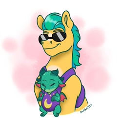Size: 1248x1224 | Tagged: safe, artist:bella-pink-savage, hitch trailblazer, sparky sparkeroni, dragon, earth pony, pony, g5, my little pony: make your mark, baby, baby carrier, baby dragon, duo, father and child, father and son, hilarious in hindsight, male, papa hitch, smiling, stallion, sunglasses