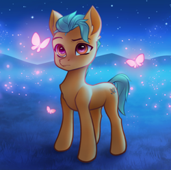 Size: 1432x1428 | Tagged: safe, artist:omnanya, hitch trailblazer, butterfly, earth pony, pony, g5, my little pony: a new generation, male, night, night sky, sky, solo, stallion, stars