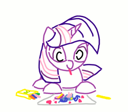 Size: 800x700 | Tagged: safe, artist:purblehoers, twilight sparkle, pony, unicorn, g4, crayon, drawing, female, filly, filly twilight sparkle, foal, heart, mouth hold, ms paint, paper, simple background, smiling, solo, unicorn twilight, white background, younger