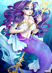 Size: 1024x1449 | Tagged: safe, artist:sk-ree, rarity, human, mermaid, g4, blue eyes, blue mane, bubble, crepuscular rays, eyelashes, female, fins, fish tail, horn, horned humanization, humanized, jewelry, looking at you, mermaid tail, mermaidized, necklace, ocean, pearl necklace, smiling, solo, species swap, sunlight, tail, underwater, water