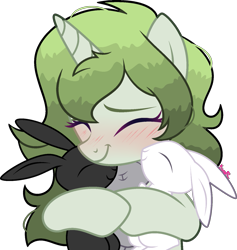 Size: 1481x1565 | Tagged: safe, artist:kurosawakuro, artist:mint-light, oc, oc only, oc:matcha greens, pony, rabbit, unicorn, animal, base used, female, hug, mare, simple background, solo, transparent background