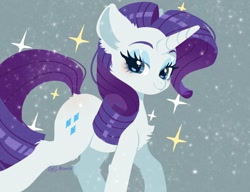 Size: 1200x922 | Tagged: safe, artist:snow angel, rarity, pony, unicorn, g4, blushing, cheek fluff, chest fluff, cute, ear fluff, female, fluffy, gray background, leg fluff, lidded eyes, looking at you, mare, raribetes, smiling, smiling at you, solo, sparkles, walking