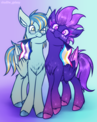 Size: 1600x2000 | Tagged: safe, artist:shad0w-galaxy, oc, oc only, oc:ruffled quill, oc:shadow galaxy, pegasus, pony, bisexual pride flag, chest fluff, couple, cute, ear fluff, ethereal mane, female, fluffy, folded wings, glasses, gradient background, gradient hooves, gradient mane, male, mare, pansexual pride flag, pride, pride flag, pride month, simple background, stallion, starry eyes, starry mane, unshorn fetlocks, wing fluff, wingding eyes, wings