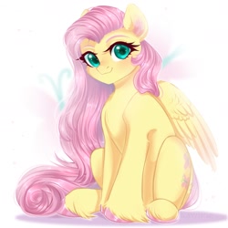 Size: 1800x1800 | Tagged: safe, artist:kawi_pie, fluttershy, pegasus, pony, g4, blushing, cheek fluff, colored hooves, colored pupils, cute, cutie mark background, ear fluff, female, looking at you, mare, partially open wings, shyabetes, sitting, smiling, solo, unshorn fetlocks, wings