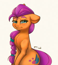 Size: 1200x1343 | Tagged: safe, artist:inkypuso, sunny starscout, earth pony, pony, g5, blushing, chest fluff, cute, cyan eyes, ears back, female, large butt, looking at you, mane, mare, puffed chest, simple background, smiling, smiling at you, solo, sunnybetes, white background