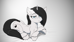 Size: 2133x1200 | Tagged: safe, artist:coreboot, oc, oc:clio blackmane, pony, unicorn, butt, chest fluff, female, hooves, horn, plot, simple background, solo, tail