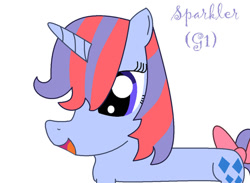 Size: 900x660 | Tagged: safe, artist:kiarakovu123, sparkler (g1), pony, unicorn, g1, g4, bow, cute, female, g1 to g4, generation leap, lidded eyes, like rarity, mare, multicolored hair, multicolored mane, multicolored tail, open mouth, open smile, purple eyes, purple text, simple background, smiling, solo, sparklerdorable, tail, tail bow, text, white background