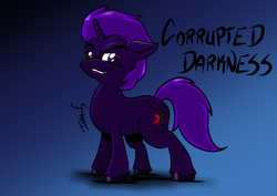 Size: 4961x3508 | Tagged: safe, artist:memprices, derpibooru exclusive, oc, oc only, oc:corrupted darkness, pony, unicorn, absurd resolution, evil grin, eyebrows, giveaway, gradient background, grin, horn, looking at you, male, raised eyebrow, signature, smiling, smiling at you, solo, stallion, standing, unicorn oc