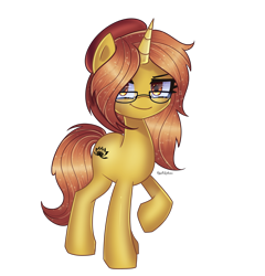 Size: 2800x2920 | Tagged: safe, artist:opal_radiance, oc, oc only, unnamed oc, pony, unicorn, beanie, eyebrows, female, glasses, hat, high res, horn, looking at you, mare, raised hoof, simple background, smiling, smiling at you, smirk, solo, transparent background, unicorn oc
