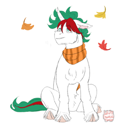 Size: 1280x1331 | Tagged: safe, artist:whitegwava, gusty, pony, unicorn, g1, autumn, clothes, cute, female, gustybetes, leaves, mare, scarf, simple background, smiling, snaggletooth, solo, striped scarf, unshorn fetlocks, white background