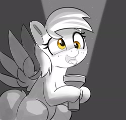 Size: 3000x2876 | Tagged: safe, artist:pabbley, derpy hooves, pegasus, pony, g4, cute, derpabetes, female, flashlight (object), gray background, grayscale, high res, hoof hold, making faces with a flashlight, mare, missing cutie mark, monochrome, open mouth, open smile, partial color, silly, simple background, smiling, solo, tongue out