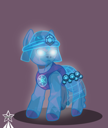 Size: 4245x5021 | Tagged: safe, artist:devorierdeos, crystal pony, golem, pony, undead, fallout equestria, cape, clothes, crystal, crystal empire, crystal empire emblem, diamond, emblem, glowing, glowing eyes, helmet, looking at you, solo