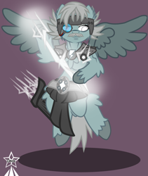 Size: 4245x5021 | Tagged: safe, artist:devorierdeos, pegasus, pony, fallout equestria, armor, electronic device, enclave, facial hair, grand pegasus enclave, helmet, lightning, magic armor, magic stone, moustache, powerful physique, quiver, simple background, soaring, solo, spread wings, throwing lightning, thunderer, wings