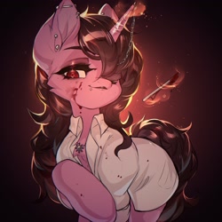 Size: 2048x2048 | Tagged: safe, artist:minekoo2, oc, oc only, oc:claret heartthrob, pony, unicorn, amulet, blood, chaos, chaos star, doctor, ear piercing, eyeshadow, fanfic art, female, hair over one eye, high res, horn, horn piercing, jewelry, makeup, piercing, scalpel, solo, surgeon, this will end in tears, unicorn oc