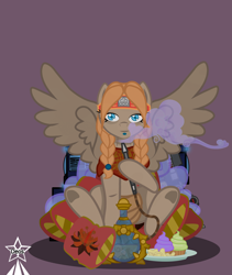 Size: 4245x5021 | Tagged: safe, artist:devorierdeos, oc, oc:iv, pegasus, pony, fallout equestria, blue eyes, braid, cake, chips, clothes, cloud, enclave, food, grand pegasus enclave, headband, hippie, hookah, hooves, laser rifle, loincloth, pegasus oc, pillow, poncho, red hair, resting, simple background, sitting, smoking, solo, spread wings, wings