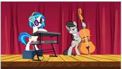 Size: 866x491 | Tagged: safe, artist:alicornoverlord, artist:moonwhisperderpy, artist:twilyisbestpone, dj pon-3, octavia melody, vinyl scratch, earth pony, pony, unicorn, g4, bipedal, cello, duo, female, headphones, mare, musical instrument, stage