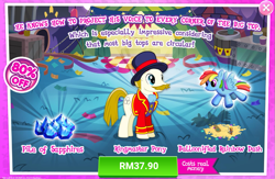 Size: 1037x676 | Tagged: safe, gameloft, rainbow dash, earth pony, pony, g4, advertisement, balloon, costs real money, crack is cheaper, facial hair, gem, introduction card, male, moustache, ringmaster, sale, sapphire, stallion, unnamed character, unnamed pony