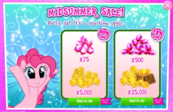 Size: 1036x677 | Tagged: safe, gameloft, pinkie pie, earth pony, pony, g4, advertisement, costs real money, gem, greedloft, midsummer, sale