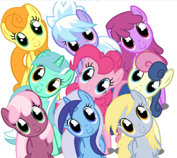 Size: 448x400 | Tagged: safe, artist:moonwhisperderpy, berry punch, berryshine, bon bon, carrot top, cheerilee, cloudchaser, derpy hooves, golden harvest, lyra heartstrings, minuette, pinkie pie, sweetie drops, earth pony, pegasus, pony, unicorn, female, mare, simple background, white background