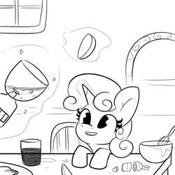 Size: 2250x2250 | Tagged: safe, artist:tjpones, sweetie belle, pony, unicorn, black and white, blender (object), bowl, female, filly, foal, glass, grayscale, grin, high res, levitation, lineart, magic, mixing bowl, monochrome, smiling, solo, telekinesis, this will end in tears and/or breakfast