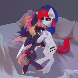 Size: 3503x3500 | Tagged: safe, artist:purlinka, oc, oc only, oc:apex soundwave, oc:sunrise virtue, earth pony, pegasus, bed, clothes, cuddling, duo, female, hat, male, mare, pillow, scarf, stallion