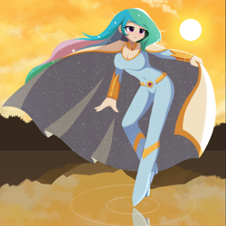 Size: 1280x1280 | Tagged: safe, artist:howxu, princess celestia, human, breasts, cape, cleavage, clothes, costume, cutie mark on clothes, humanized, jumpsuit, peytral, solo, sun