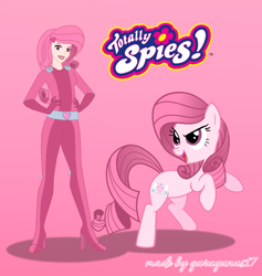Size: 792x836 | Tagged: safe, artist:guruyunus17, artist:selenaede, oc, oc only, oc:annisa trihapsari, earth pony, human, pony, 2022, crossover, duo, duo female, equine, female, feral, hasbro, heart, lipstick, logo, looking at you, makeup, mare, pink background, simple background, smiling, smiling at you, totally spies