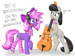 Size: 5400x4000 | Tagged: safe, artist:flutterthrash, octavia melody, oc, oc:lillybit, earth pony, pony, g4, absurd resolution, adorkable, bipedal, bow, bow (instrument), bowtie, cello, clothes, cute, dialogue, dork, duo, duo female, excited, female, full body, gaming headset, hair bow, headphones, headset, hoof hold, mare, musical instrument, ribbon, scarf, smiling, socks, striped socks, tail