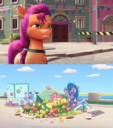 Size: 1360x1530 | Tagged: safe, edit, screencap, izzy moonbow, posey bloom, sunny starscout, earth pony, pony, unicorn, dumpster diving, g5, my little pony: a maretime bay adventure, my little pony: tell your tale, spoiler:g5, spoiler:my little pony: tell your tale, spoiler:tyts01e13, destruction, dizzy, female, game screencap, izzy would never do anything like that, mare, motorcycle, subtitles