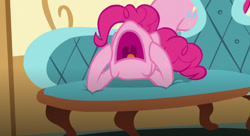 Size: 750x408 | Tagged: safe, screencap, pinkie pie, g4, my little pony: friendship is magic, party pooped, couch, hooves on face, nose in the air, open mouth, screaming, volumetric mouth