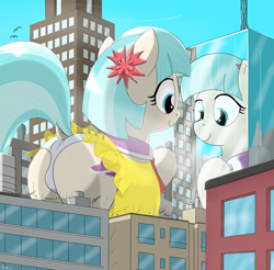 Size: 2520x2480 | Tagged: safe, artist:qkersnll, coco pommel, earth pony, pony, butt, city, clothes, dress, female, flower, flower in hair, giantess, macro, mirror, panties, plot, underwear