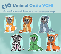 Size: 5000x4428 | Tagged: safe, artist:rokosmith26, pony, animal onesie, clothes, commission, description is relevant, happy, looking up, onesie, open mouth, simple background, sitting, smiling, solo, text, your character here