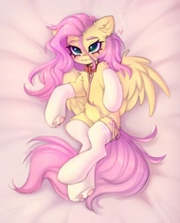 Size: 1761x2175 | Tagged: safe, artist:arisuyukita, fluttershy, pegasus, pony, g4, :3, adorasexy, bed, belly button, blushing, clothes, collar, cute, female, heart, leash, lying down, on back, on bed, paw pads, paw socks, sexy, shyabetes, smiling, solo, spread wings, stockings, thigh highs, wings