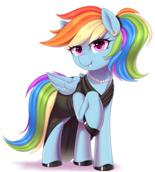 Size: 3600x4000 | Tagged: safe, artist:thebatfang, rainbow dash, pegasus, pony, alternate hairstyle, black dress, clothes, cute, dashabetes, dress, ear piercing, earring, female, jewelry, looking at you, mare, necklace, pearl necklace, piercing, ponytail, rainbow dash always dresses in style, shoes, simple background, smiling, solo, white background