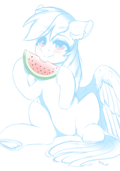 Size: 2800x4000 | Tagged: safe, artist:rise_of_evil_69, rainbow dash, pony, g4, belly, blushing, cute, dashabetes, eating, female, food, herbivore, high res, looking at you, mare, raised hoof, simple background, sitting, sketch, smiling, smiling at you, solo, spread wings, watermelon, wings