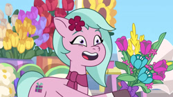 Size: 3410x1920 | Tagged: safe, screencap, dahlia, earth pony, pony, g5, my little pony: tell your tale, neighfever, spoiler:g5, spoiler:my little pony: tell your tale, spoiler:tyts01e16, female, flower, high res, mare, open mouth, open smile, smiling, solo, youtube link