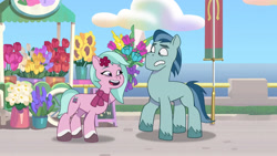 Size: 3410x1920 | Tagged: safe, screencap, dahlia, rufus, earth pony, pony, g5, my little pony: tell your tale, neighfever, spoiler:g5, spoiler:my little pony: tell your tale, spoiler:tyts01e16, duo, female, flower, high res, male, mare, open mouth, open smile, smiling, stallion, youtube link
