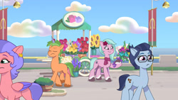 Size: 3410x1920 | Tagged: safe, screencap, cherry flyaway, dahlia, grassy hills, paisley bluebell, earth pony, pegasus, pony, unicorn, g5, my little pony: tell your tale, neighfever, spoiler:g5, spoiler:my little pony: tell your tale, spoiler:tyts01e16, eyes closed, female, flower, frown, glasses, high res, male, mare, smiling, stallion, youtube link
