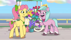 Size: 3410x1920 | Tagged: safe, screencap, dahlia, posey bloom, earth pony, pony, g5, my little pony: tell your tale, neighfever, spoiler:g5, spoiler:my little pony: tell your tale, spoiler:tyts01e16, duo, female, flower, high res, mare, open mouth, open smile, smiling, youtube link