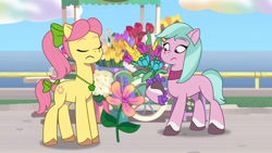 Size: 3410x1920 | Tagged: safe, screencap, dahlia, posey bloom, earth pony, pony, g5, my little pony: tell your tale, neighfever, spoiler:g5, spoiler:my little pony: tell your tale, spoiler:tyts01e16, duo, earth pony magic, eyes closed, female, flower, frown, high res, magic, mare, youtube link